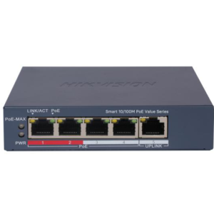 Switch PoE Hikvision DS-3E1105P-EI/M(V2), 4 &times; 10/100 Mbps PoE port,1 &times; 10/100 Mbps RJ45 port, Total PoE Power Budget 45W, Support 802.1Q VLAN, capacitate: 1.2 Gbps, alimentare: 54VDC, 0.92A, dimensiuni: 121.1 mm &times; 27.6 mm &times; 83.1 mm, greutate: 0.26kg.