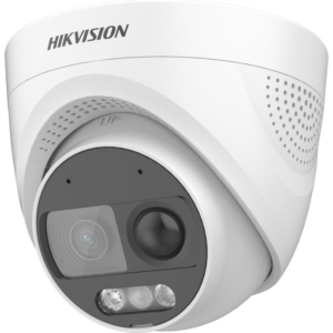 Camera de supraveghere Turret 2MP Hikvision DS-2CE72DF3T-PIRXOS(2.8MM), lentila fixa: 2.8mm, iluminare: 0.0005 Lux @ (F1.0, AGC ON), 0 Lux, lumina alba: 20m, iesire: 1xHD, microfon incorporat, alimentare: 12 VDC &plusmn; 25%, max. 9.6 W, protectie: IP67, dimensiuni: &Oslash; 109.82 mm &times; 93.66 mm, greutate: 396g