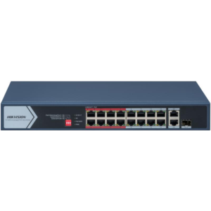 Switch PoE Hikvision DS-3E0318P-E/M(C): 16 &times; 10/100 Mbps PoE port,1&times; Gigabit RJ45 port,1 &times; Gigabit combo, 16 porturi PoE maxim 30W, buget PoE 130W, tensiune alimentare 100~240 V AC, 50/60 Hz, Max. 2.5 A., dimensiuni: 335.0 mm &times; 44.5 mm &times; 175.8 mm, greutate: 1.8kg, montare pe birou sau pe perete.