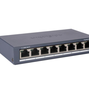 Switch Hikvision DS-3E0508-O: 8 &times; Gigabit RJ45 port maxim 3W, tensiune alimentare: 5VDC, 0.6A, dimensiuni: 145.00 mm &times; 25.60 mm &times; 68.45 mm, greutate: 0.24kg, montare pe birou sau pe perete.