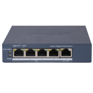 Switch PoE Hikvision DS-3E1505P-EI, 4 &times; Gigabit PoE port,1 &times; Gigabit RJ45 port, Total PoE Power Budget 60W, Support 802.1Q VLAN, capacitate: 10 Gbps, alimentare: 54VDC, 1.2A, dimensiuni: 121.1 mm &times; 27.6 mm &times; 83.1 mm, greutate: 0.26kg.
