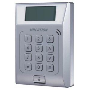 Cititor standalone cu tastatura si card proximitate Hkvision DS-K1T802M, suporta cartele MIFAE, capacitate 3000 carduri si 10000 evenimente, autentificare: card, card si  parola,display 128x64, Exit Button &times; 1, Door Sensor &times; 1, Doorbell &times; 1, E-lock Output &times; 1