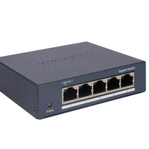 Switch Hikvision DS-3E0505-O: 5 &times; Gigabit RJ45 ports, 10 Gbps, 1000M network access, alimentare: 5VDC, 0.6A, dimensiuni: 105.00 mm &times; 27.60 mm &times; 83.10 mm, greutate: 0.17kg, montare pe birou sau pe perete.