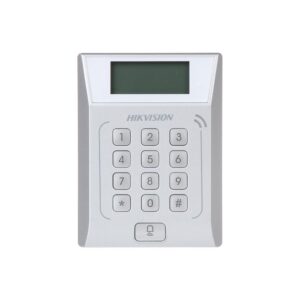 Cititor standalone cu tastatura si card proximitate Hkvision DS-K1T802E, suporta cartele EM 125Khz, capacitate 3000 carduri si 10000 evenimente, autentificare: card, card si  parola,display 128x64, Exit Button &times; 1, Door Sensor &times; 1, Doorbell &times; 1, E-lock Output &times; 1
