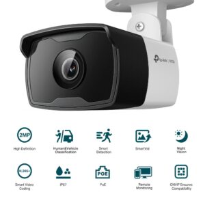 "TP-Link Camera IR de supraveghere Bullet pentru exterior VIGIC320I(4MM), Senzor imagine: CMOS 1/3"", Lentila 2.8mm, F2.2,Weatherproof: IP67, Infrarosu: 30m, Unghi vizualizare:Diagonal FOV: 106.5&deg;, ,, Rezolutie maxima: 2 MPX, 1920 &times; 1080, Dimensiuni:174 &times;74 &times; 71 mm, Interfata: 1 RJ45 10/100M