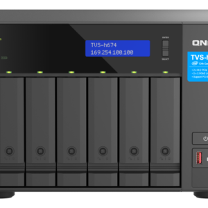 NAS QNAP H674 6-Bay, CPU Intel Core i5-12400 6-core 12-thread Processor, up to 4.4GHz, RAM 32GB (2x 16GB) DDR4 SODIMM (Max. 128GB), 6 x 2.5"/3.5" SATA 6Gbps + 2 x M.2 2280 NVMe HDD (neincluse),  LAN: 2 x 2.5GbE (2.5G/1G/100M/10M), USB3.2 Gen1: 3 (2 x USB-A + 1 x USB-C), Tower, Single PSU, 250W
