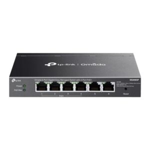 Omada 6-Port Gigabit Easy Managed Switch with 4-Port PoE+ PORT: 4&times; Gigabit PoE+ Ports, 2x Gigabit Non-PoE Ports SPEC: 802.3at/af, 65W PoE Power, Desktop Steel Case and Fanless FEATURE: Integration with Omada SDN Controller and Omada Cloud Essentials, Fast PoE, Perpetual PoE, Flow Control, Loopback