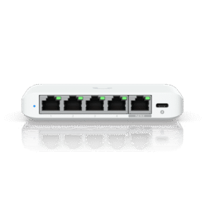 Ubiquiti USW-Flex-2.5G-5, 5 porturi RJ45 1/2.5 GbE, capacitate 25 Gbps, 1 adaptor de alimentare AC, 5V DC, 1A, 1 PoE (PairA 1, 2+; 3, 6-)(PairB 4, 5+; 7, 8-), dimensiuni 117.1 x 90 x 21.2 mm (4.6 x 3.5 x 0.8")
