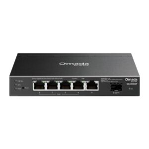 Switch Omada Access 6-Port Gigabit, 5&times; Gigabit RJ45 ports (4&times; PoE+) and 1&times; Gigabit SFP slot, 63W total PoE budget pana la 30W pentru fiecare port* PoE+, putere maxima 53.5 VDC / 1.31 A, capacitate switch 12 Gbps