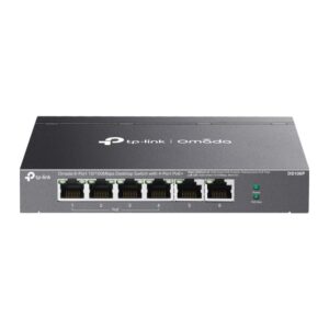 Omada 6-Port 10/100 Mbps Desktop Switch with 4-Port PoE+ PORT: 4&times; 10/100 Mbps PoE+ Ports, 2&times; 10/100 Mbps Non-PoE Ports SPEC: 802.3at/af, 67 W PoE Power, Desktop Steel Case FEATURE: Extend Mode for 250m PoE Transmitting, Priority Mode for Port1-2, Plug and Play