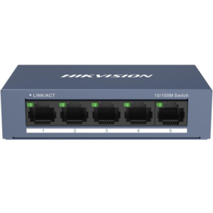 Switch Hikvision DS-3E0105-O: 5 &times; 10/100 Mbps RJ45 Port, tensiune alimentare 5 VDC, 1A., dimensiuni: 103.05 mm &times; 25.6 mm &times; 61.1 mm, greutate: 0.15kg, montare pe birou sau pe perete.