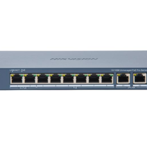 Switch PoE Hikvision DS-3E0310HP-E(C): 8 &times; 10/100 Mbps PoE port,2 &times; Gigabit RJ45 port, 16 porturi PoE maxim 30W, buget PoE 130W, tensiune alimentare: 54 VDC, 2.22 A., dimensiuni: 217.6 mm &times; 27.6 mm &times; 108.5 mm, greutate: 1.27kg, montare pe birou.