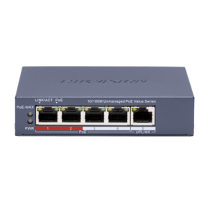Switch POE 4 porturi Hikvision DS-3E0105P-E/M(C), fara management; 4 &times; 10/100 Mbps PoE port,1 &times; 10/100 Mbps RJ45 port, IEEE 802.3af,IEEE 802.3at, PoE power budget 45W, distanta transmisie: 300m;
