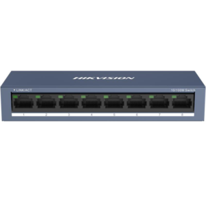 Switch Hikvision DS-3E0108-O: 8 &times; 10/100 Mbps RJ45 Port, tensiune alimentare 5 VDC, 1A., dimensiuni: 142.4 mm &times; 25.6 mm &times; 53.1 mm, greutate: 0.2 kg, montare pe birou sau pe perete.