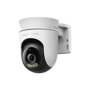 Outdoor Pan/Tilt Security Wi-Fi Camera SPEC: 2K resolution (2304*1296), Pan and Tilt (360&deg; Horizontal), Built- in microphone and speaker, Color Night Vision, 2.4GHz Wi-Fi FEATURE: MERCUSYS APP, Pan/Tilt, Smart Detection and Notification (Motion & Person), Motion Tracking, Sound and Light Alarm