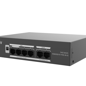 Switch Uniview NSW2020-6T-POE-IN-V2; Porturi:6&times;100Mbps network ports (RJ45), including 4 PoE ports; Maxim 30 W per port, Buget 65 W; Performanta: Switching capacity 1.2 Gbps, 0.90Mpps; Functii: Up to 250m transmission distance on surveillance mode; Alimentare: AC 100 to 240V, 50/60Hz; Dimensiuni