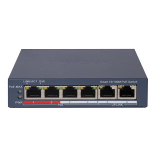 Switch PoE Hikvision DS-3E1106P-EI: 4 &times; 10/100 Mbps PoE port,2 &times; 10/100 Mbps RJ45 port, 4 porturi PoE maxim 30W, buget PoE 60W, tensiune alimentare 65 W, dimensiuni: 121.1 mm &times; 27.6 mm &times; 83.1 mm, greutate: 0.270kg, montare pe birou sau pe perete.