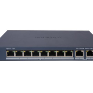 Switch PoE Hikvision DS-3E1310P-EI/M: 8 &times; 10/100 Mbps PoE ports,2 &times; Gigabit RJ45 port, 8 porturi PoE maxim 30W, buget PoE 60W, tensiune alimentare DC54 V,1.2 A, dimensiuni: 217.6 mm &times; 27.6 mm &times; 108.5 mm, greutate: 0.54kg, montare pe birou sau pe perete.