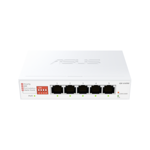 ASUS QG-U1050. Switch type: Unmanaged. Basic switching RJ-45 Ethernet ports type: 2.5G Ethernet (100/1000/2500), Basic switching RJ-45 Ethernet ports quantity: 5. MAC address table: 16000 entries. Networking standards: IEEE 802.3ab, IEEE 802.3az, IEEE 802.3bz, IEEE 802.3u, IEEE 802.3x. DC input