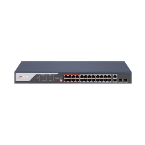 Switch PoE Hikvision DS-3E0326P-E(C): 24 x 10/100Mbps PoE port,2 &times; Gigabit combo, buget PoE 370 W, tensiune alimentare 100 to 240 V AC, 50/60 Hz, Max. 6.5 A, dimensiuni: 440.00 mm &times; 44.00 mm &times; 220.80 mm, greutate: 3.54kg, montare in rack.
